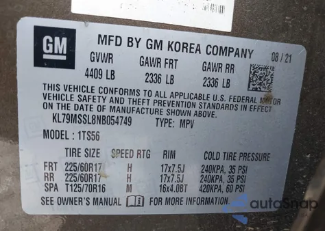 2022 Chevrolet Trailblazer Awd Activ z USA, uszkodzony, nr VIN KL79MSSL8NB054749